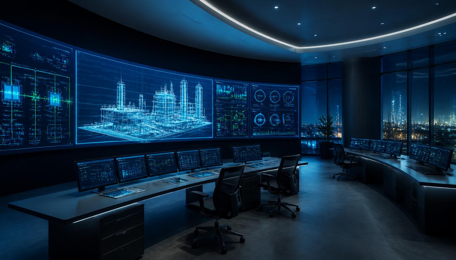 Digital control room with facility twin and energy flow visualizations on large screens