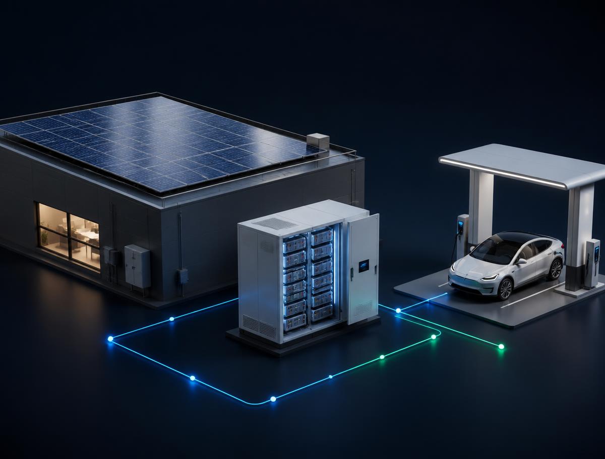 Solar, battery storage and EV charging connected by energy flow lines