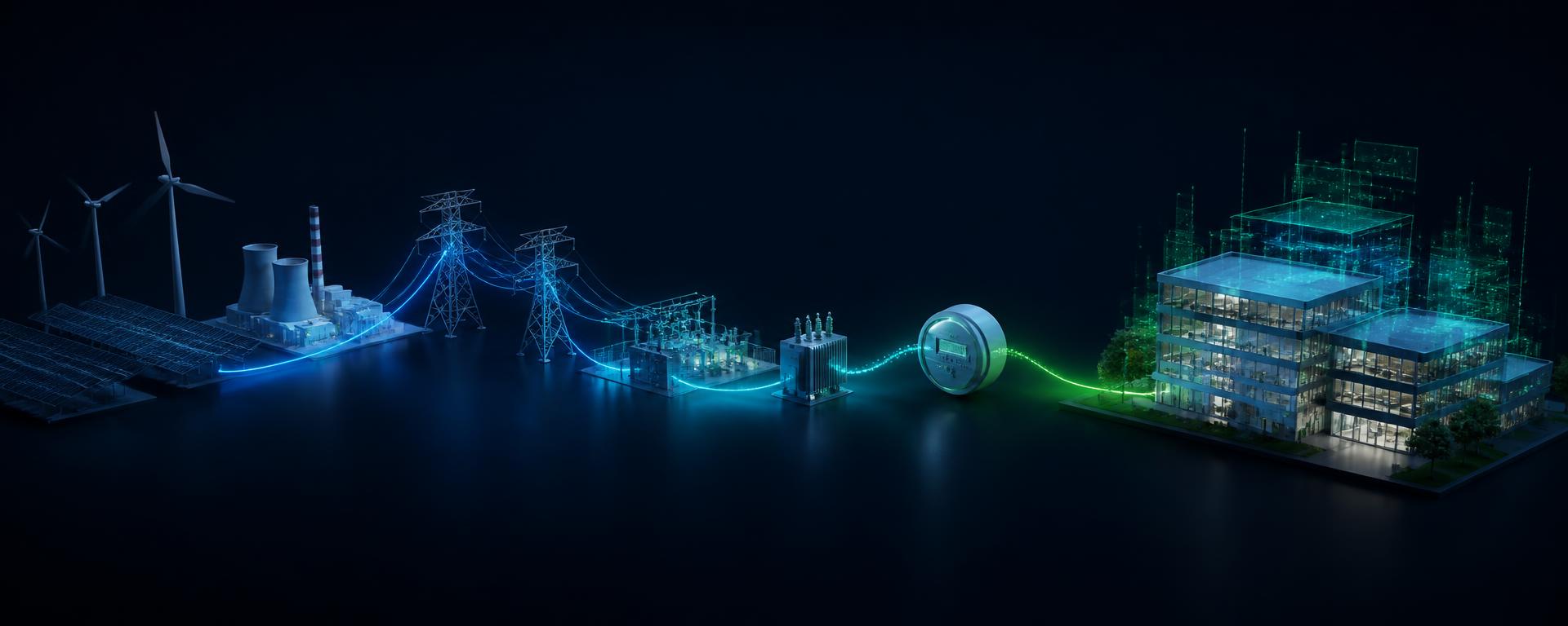 Energy journey from generation and transmission through the transformer and smart meter into a digitally connected building